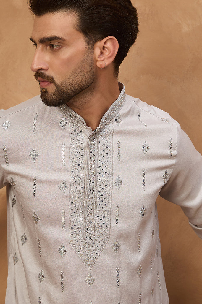 Grey Silk Blend Solid Embroidered Straight Kurta MKU1438