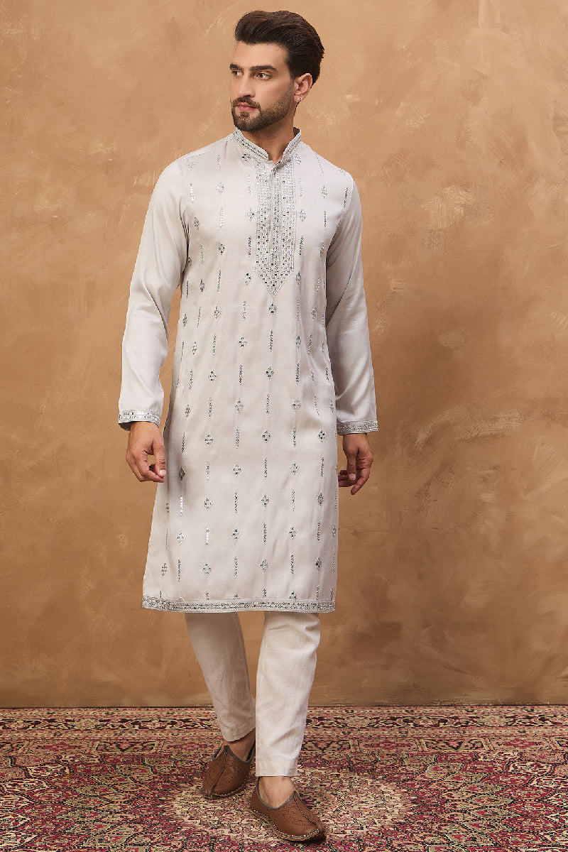 Grey Silk Blend Solid Embroidered Straight Kurta MKU1438