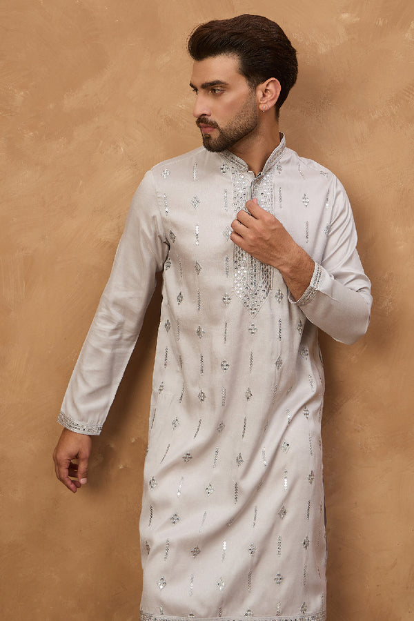 Grey Silk Blend Solid Embroidered Straight Kurta With Pant Set MKSET1438