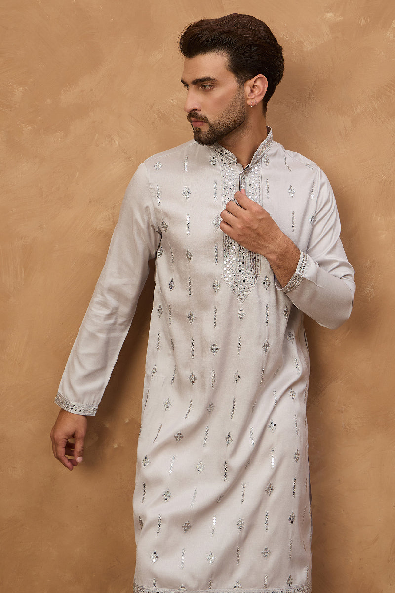 Grey Silk Blend Solid Embroidered Straight Kurta MKU1438