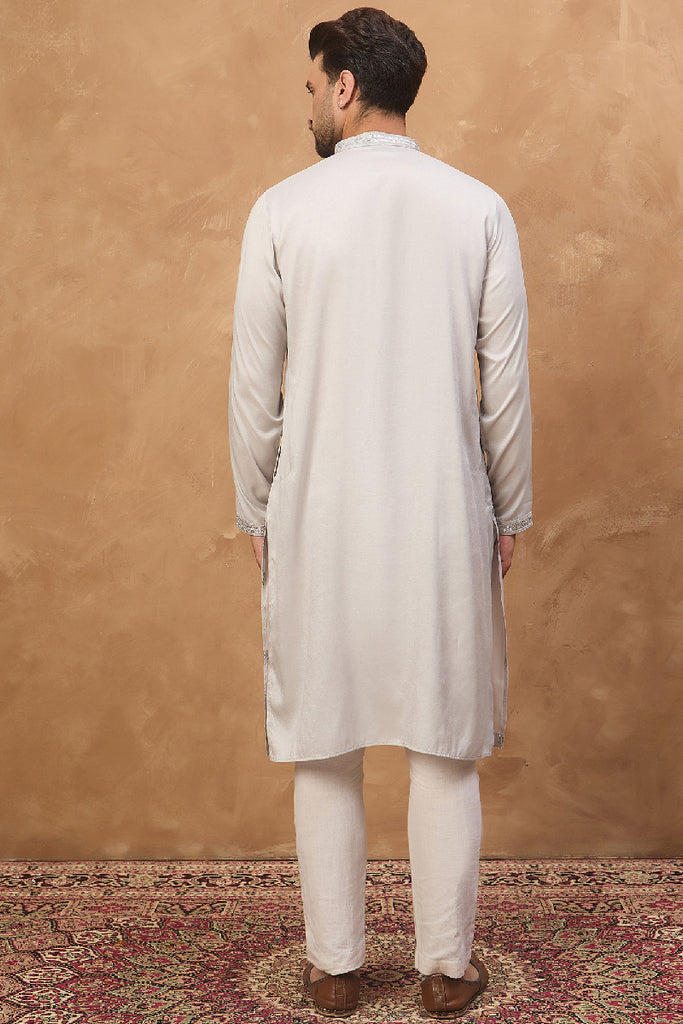 Grey Silk Blend Solid Embroidered Straight Kurta With Pant Set MKSET1438