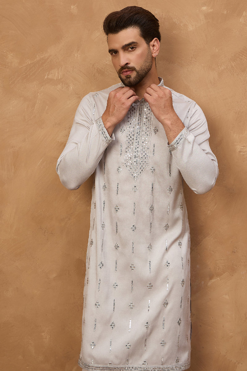 Grey Silk Blend Solid Embroidered Straight Kurta With Pant Set MKSET1438