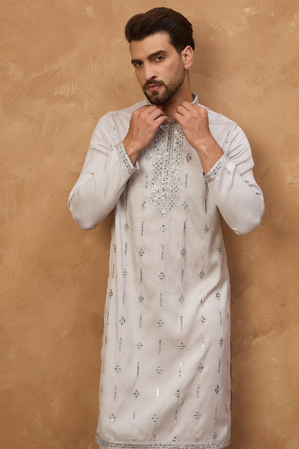 Grey Silk Blend Solid Embroidered Straight Kurta With Pant Set MKSET1438