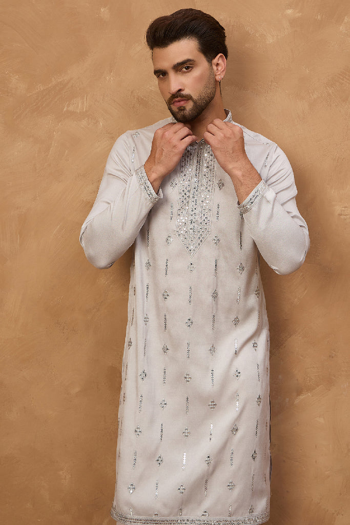 Grey Silk Blend Solid Embroidered Straight Kurta MKU1438