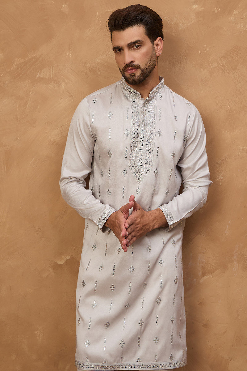 Grey Silk Blend Solid Embroidered Straight Kurta MKU1438