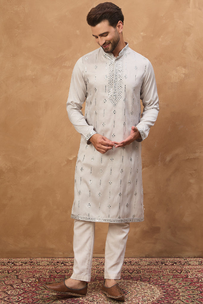Grey Silk Blend Solid Embroidered Straight Kurta MKU1438