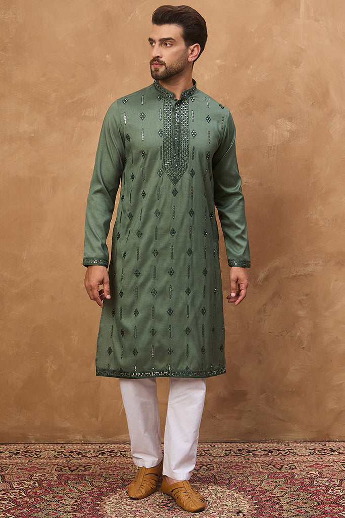 Green Silk Blend Solid Embroidered Straight Kurta With Pant Set MKSET1439