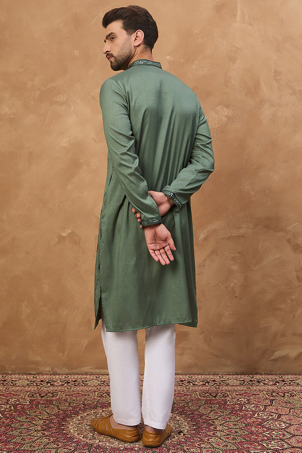 Green Silk Blend Solid Embroidered Straight Kurta With Pant Set MKSET1439