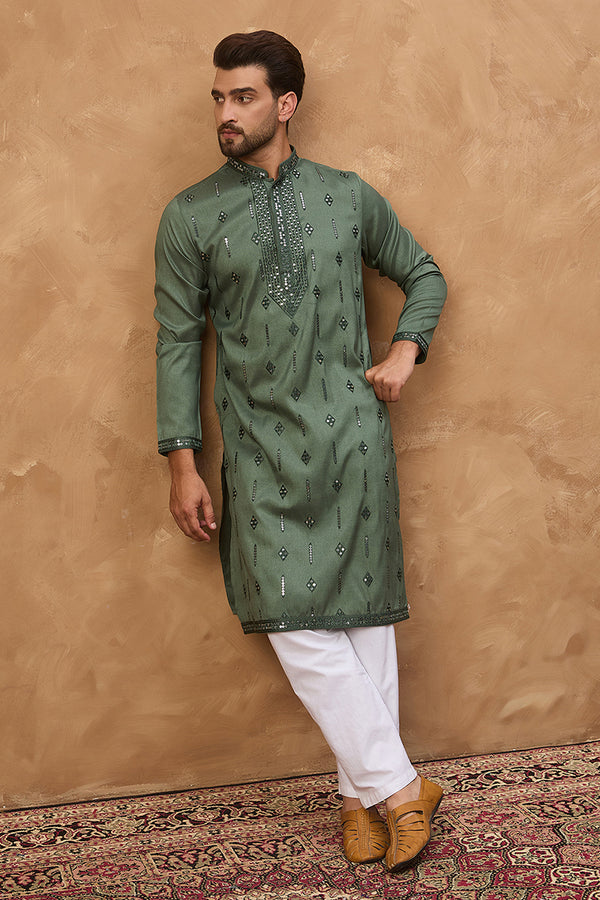 Green Silk Blend Solid Embroidered Straight Kurta MKU1439