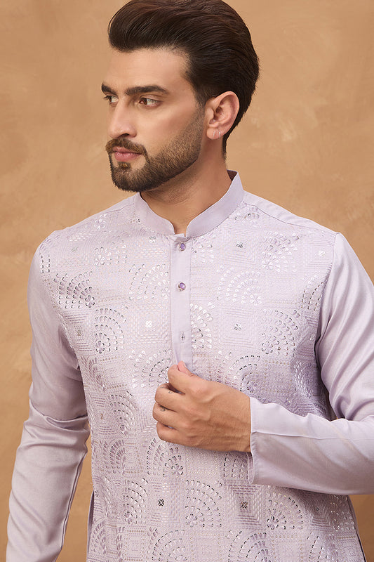 Lavender Silk Blend Solid Embroidered Straight Kurta MKU1443