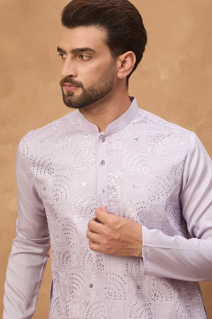 Lavender Silk Blend Solid Embroidered Straight Kurta With Pant Set MKSET1443