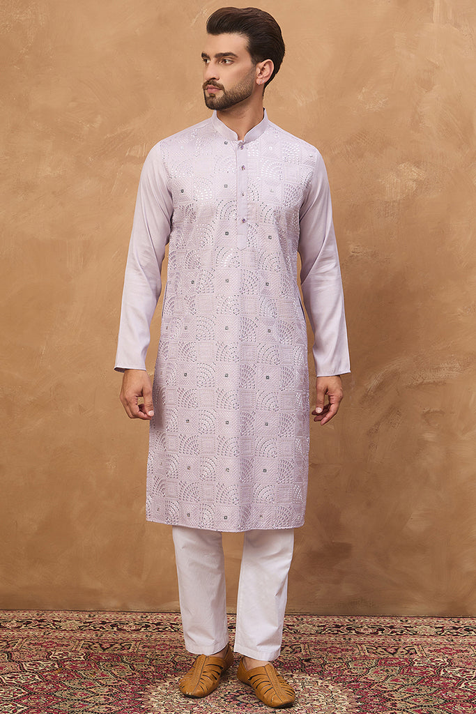 Lavender Silk Blend Solid Embroidered Straight Kurta MKU1443