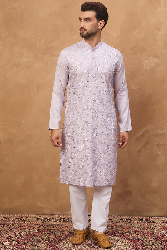 Lavender Silk Blend Solid Embroidered Straight Kurta With Pant Set MKSET1443