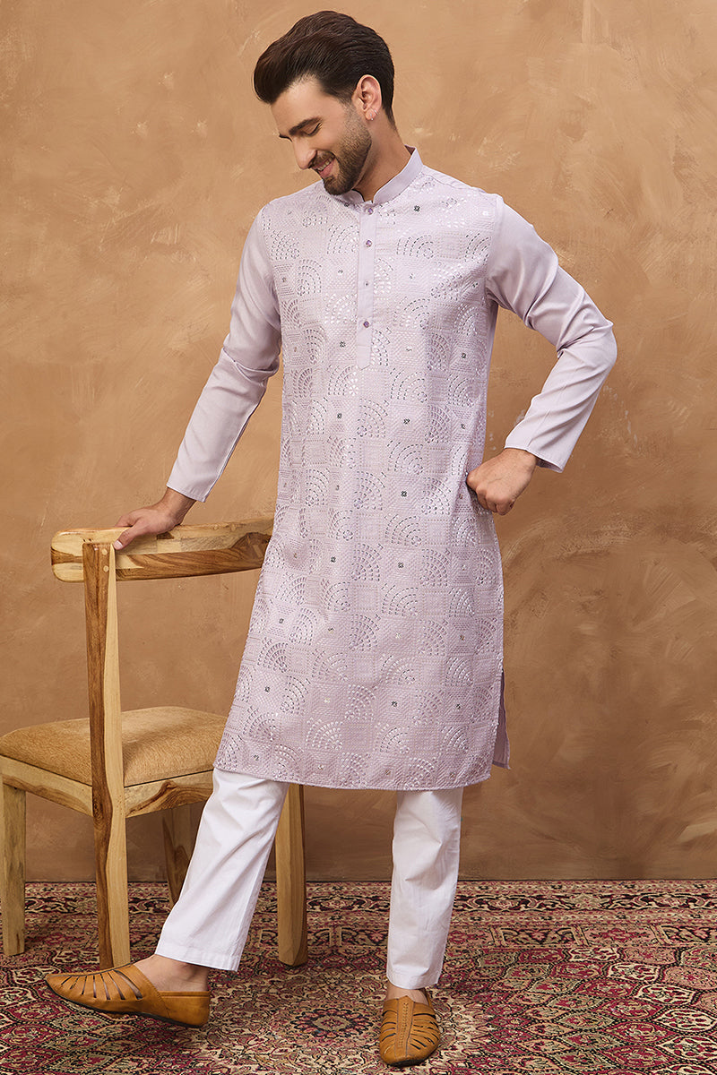 Lavender Silk Blend Solid Embroidered Straight Kurta MKU1443