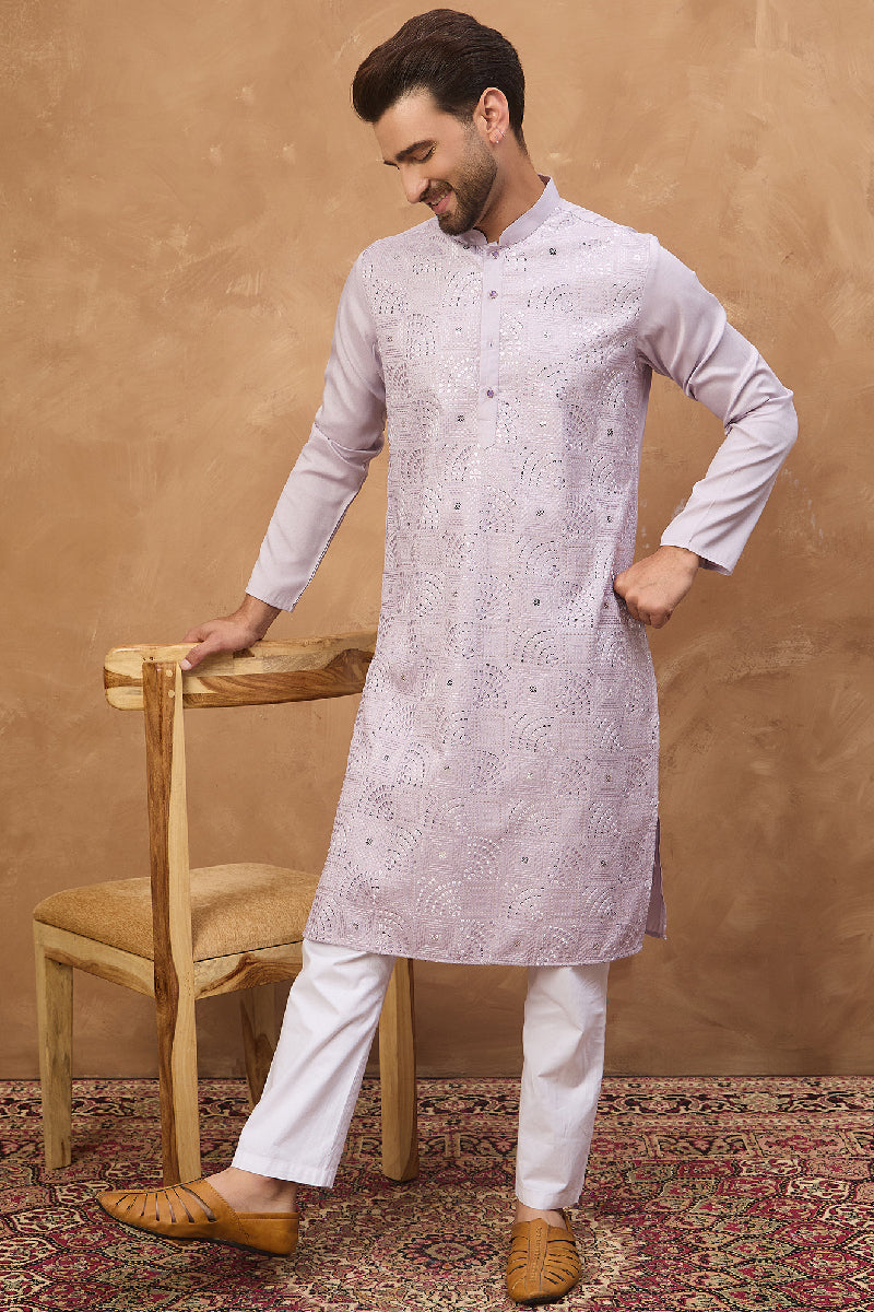 Lavender Silk Blend Solid Embroidered Straight Kurta With Pant Set MKSET1443