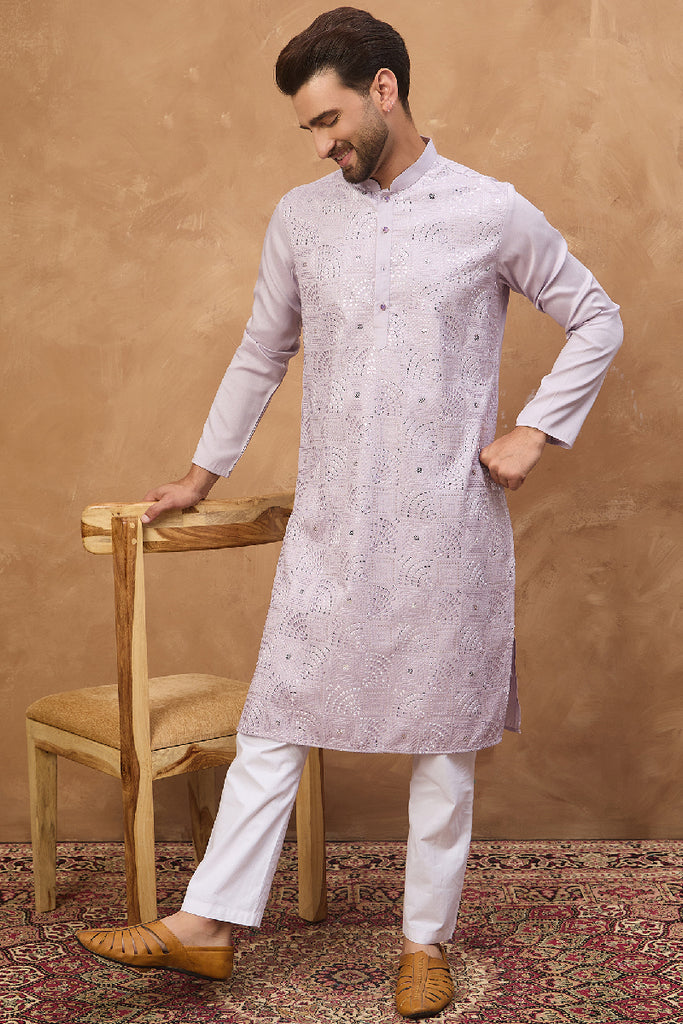 Lavender Silk Blend Solid Embroidered Straight Kurta With Pant Set MKSET1443