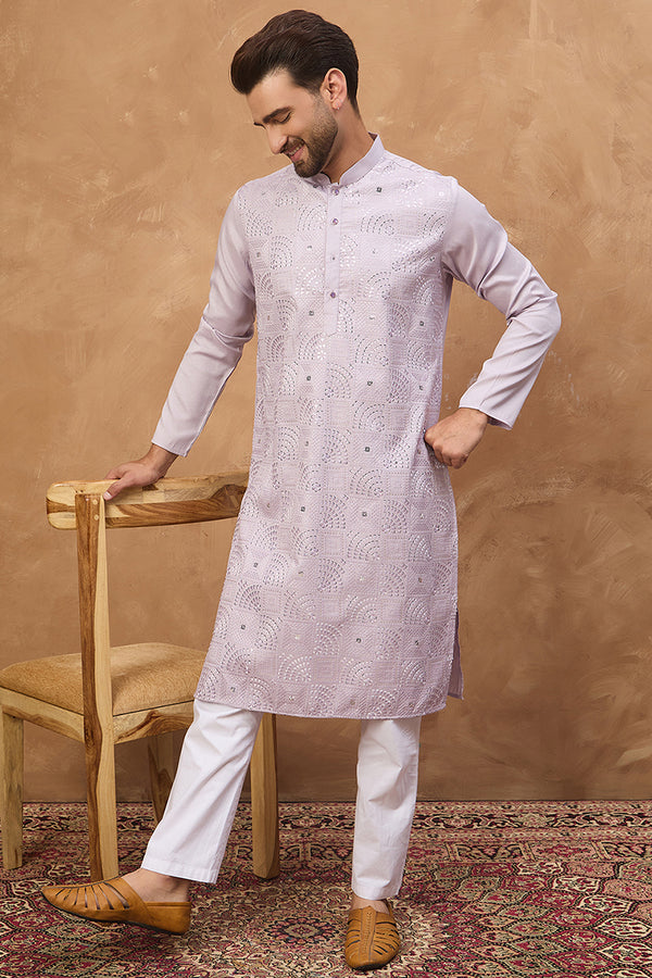 Lavender Silk Blend Solid Embroidered Straight Kurta MKU1443