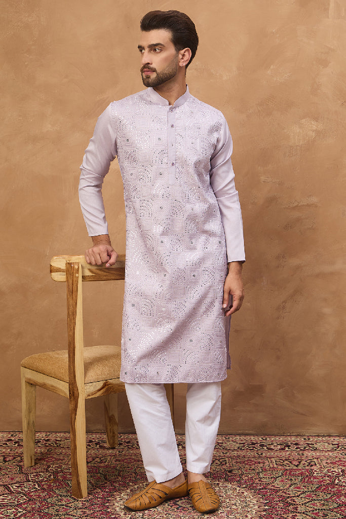 Lavender Silk Blend Solid Embroidered Straight Kurta With Pant Set MKSET1443