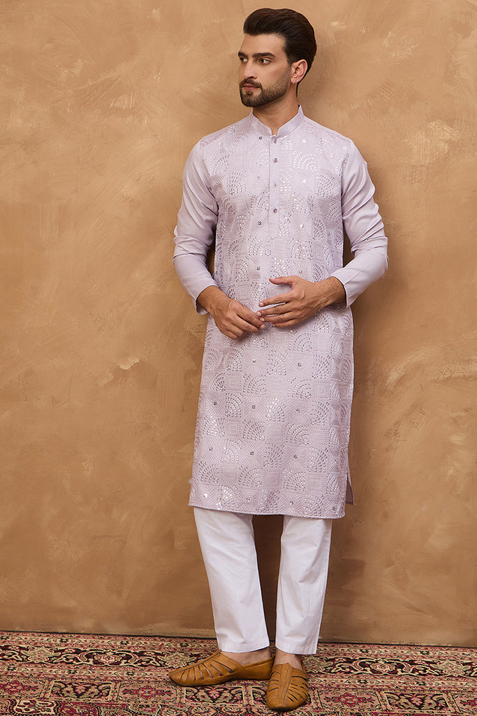 Lavender Silk Blend Solid Embroidered Straight Kurta MKU1443