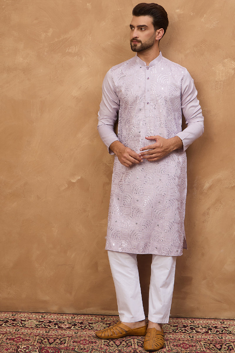 Lavender Silk Blend Solid Embroidered Straight Kurta With Pant Set MKSET1443