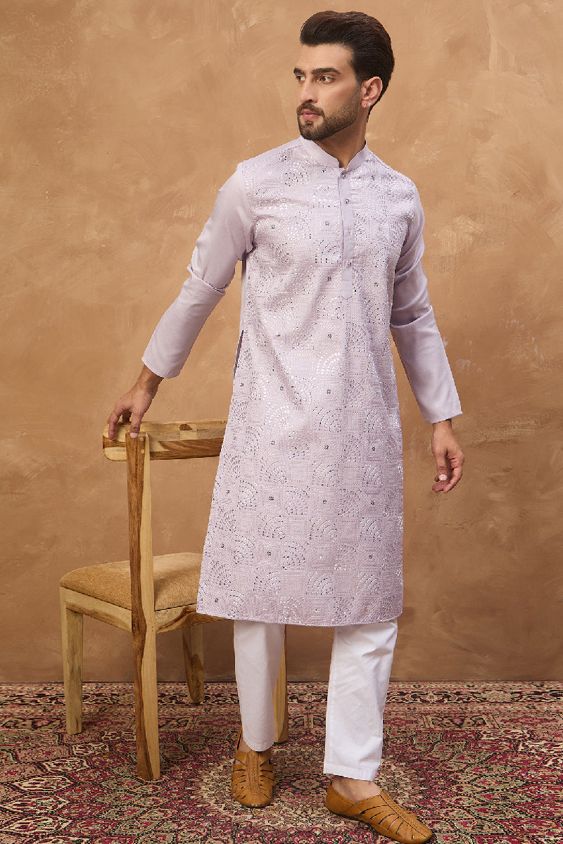 Lavender Silk Blend Solid Embroidered Straight Kurta With Pant Set MKSET1443