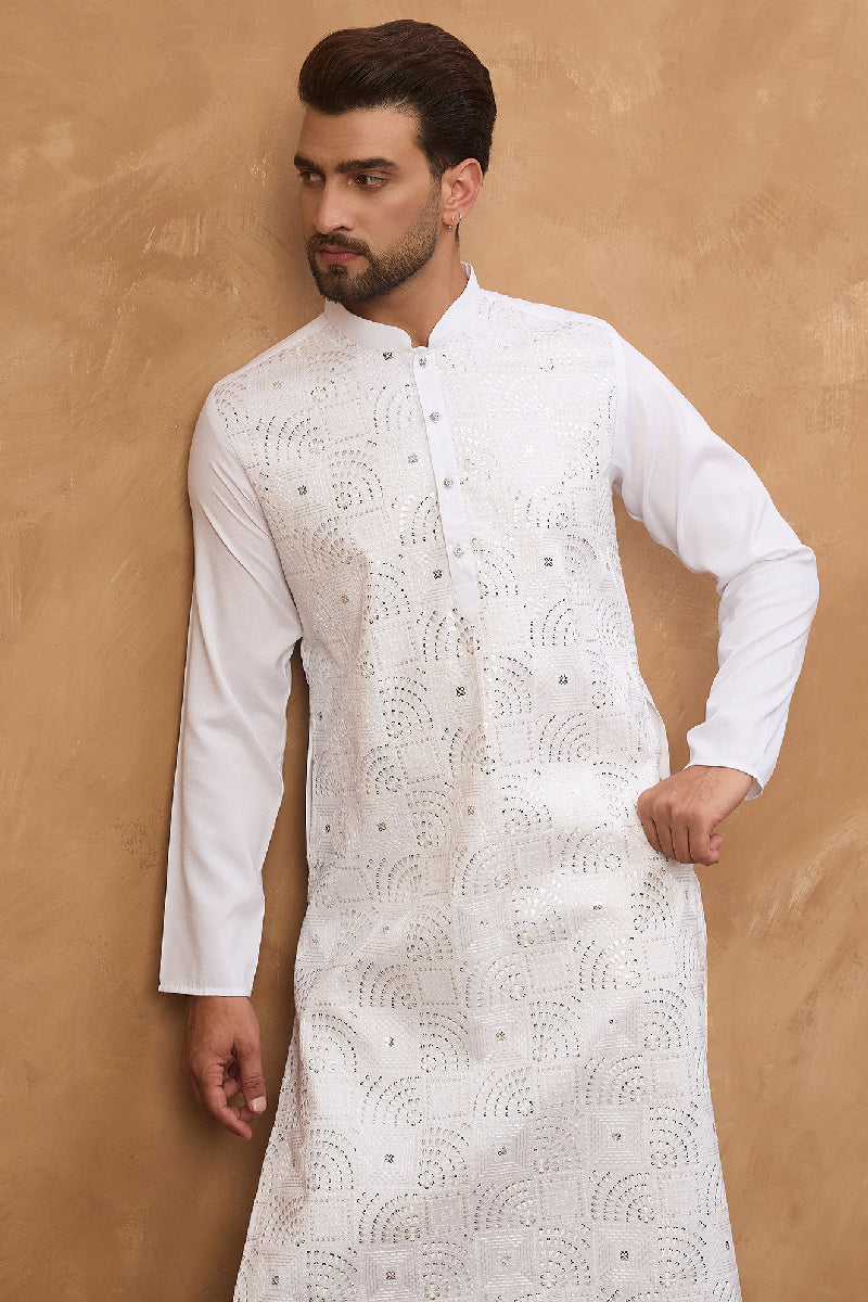 White Silk Blend Solid Embroidered Straight Kurta With Pant Set MKSET1444