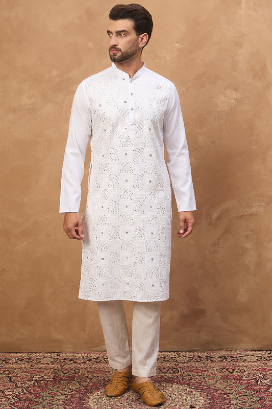 White Silk Blend Solid Embroidered Straight Kurta MKU1444