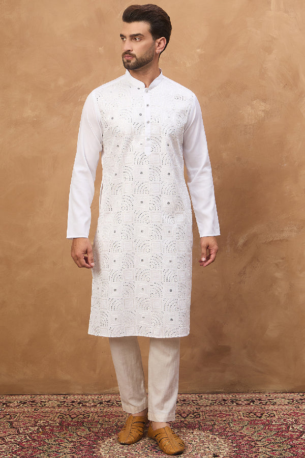 White Silk Blend Solid Embroidered Straight Kurta MKU1444