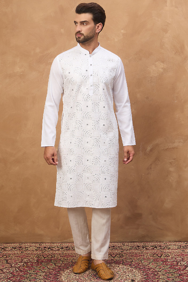 White Silk Blend Solid Embroidered Straight Kurta With Pant Set MKSET1444