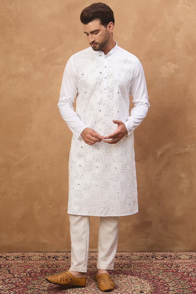 White Silk Blend Solid Embroidered Straight Kurta MKU1444