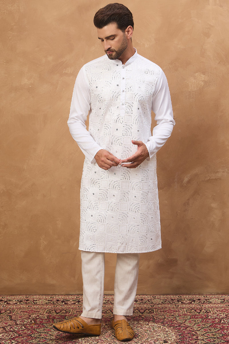 White Silk Blend Solid Embroidered Straight Kurta With Pant Set MKSET1444