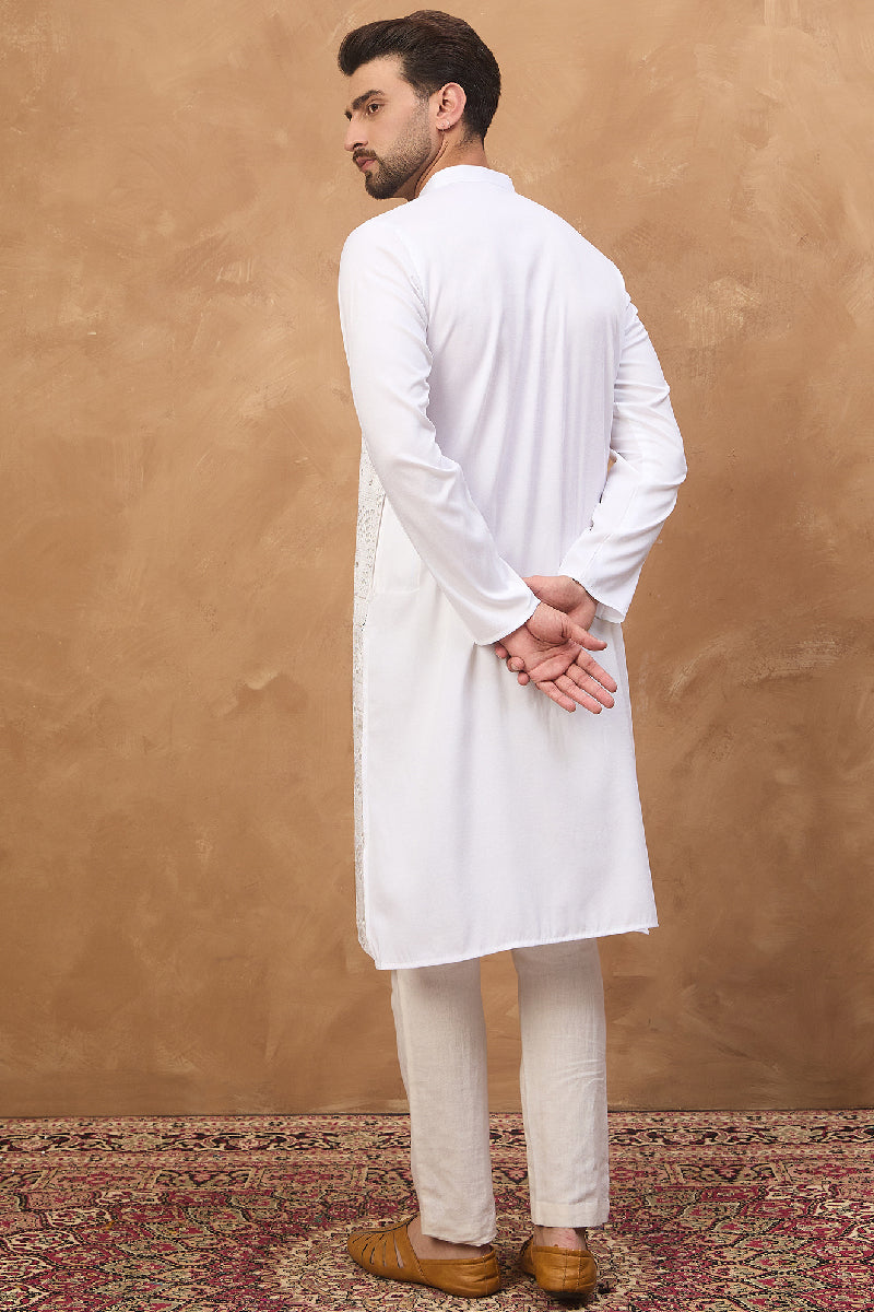 White Silk Blend Solid Embroidered Straight Kurta With Pant Set MKSET1444