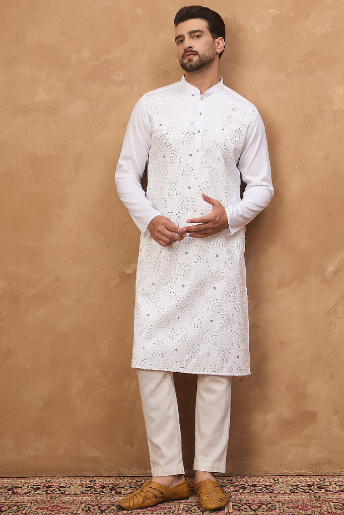 White Silk Blend Solid Embroidered Straight Kurta MKU1444