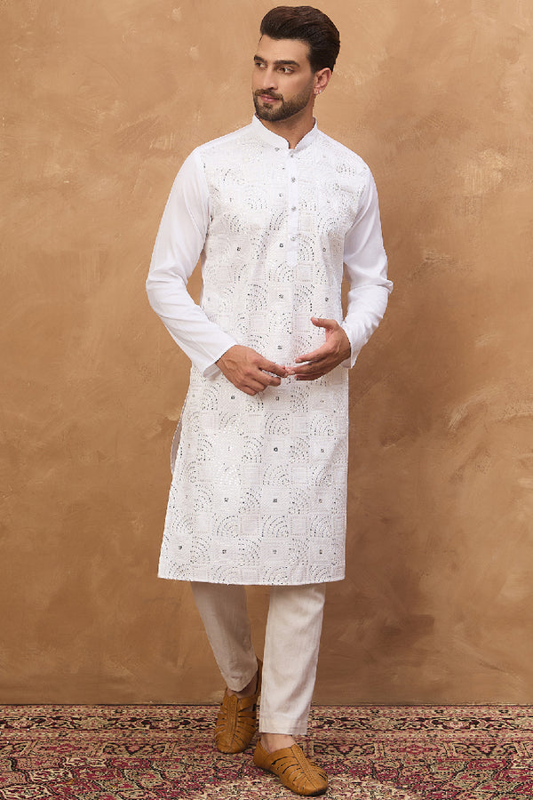White Silk Blend Solid Embroidered Straight Kurta MKU1444