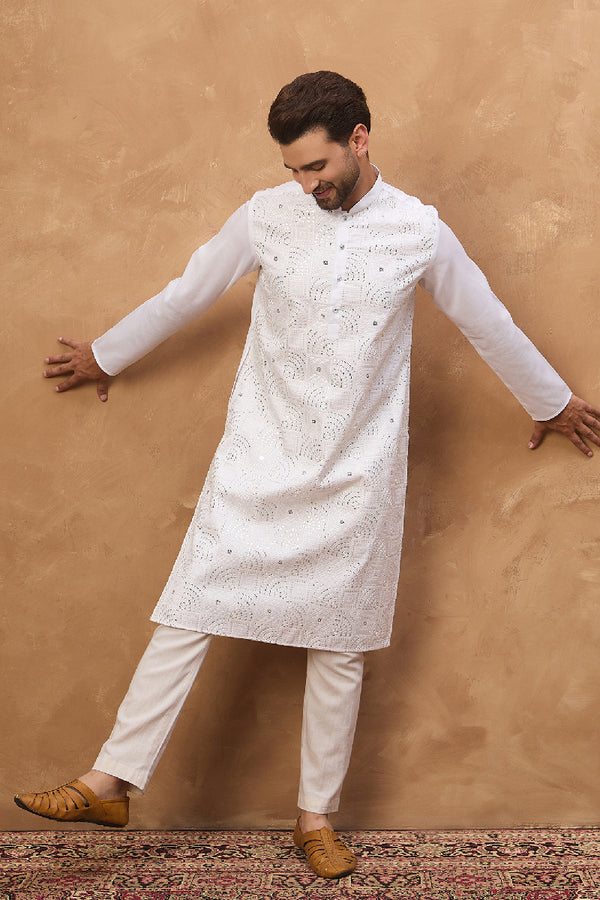 White Silk Blend Solid Embroidered Straight Kurta MKU1444