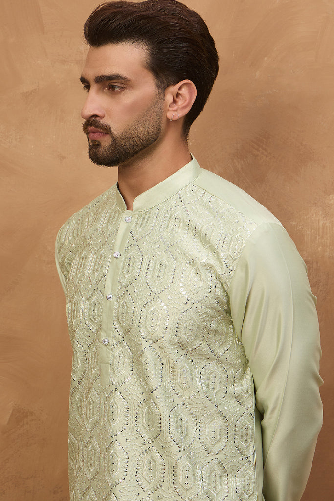 Peach Silk Blend Solid Embroidered Straight Kurta With Pant Set MKSET1445