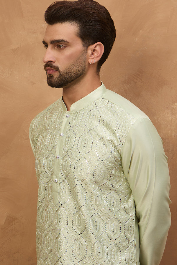 Peach Silk Blend Solid Embroidered Straight Kurta With Pant Set MKSET1445