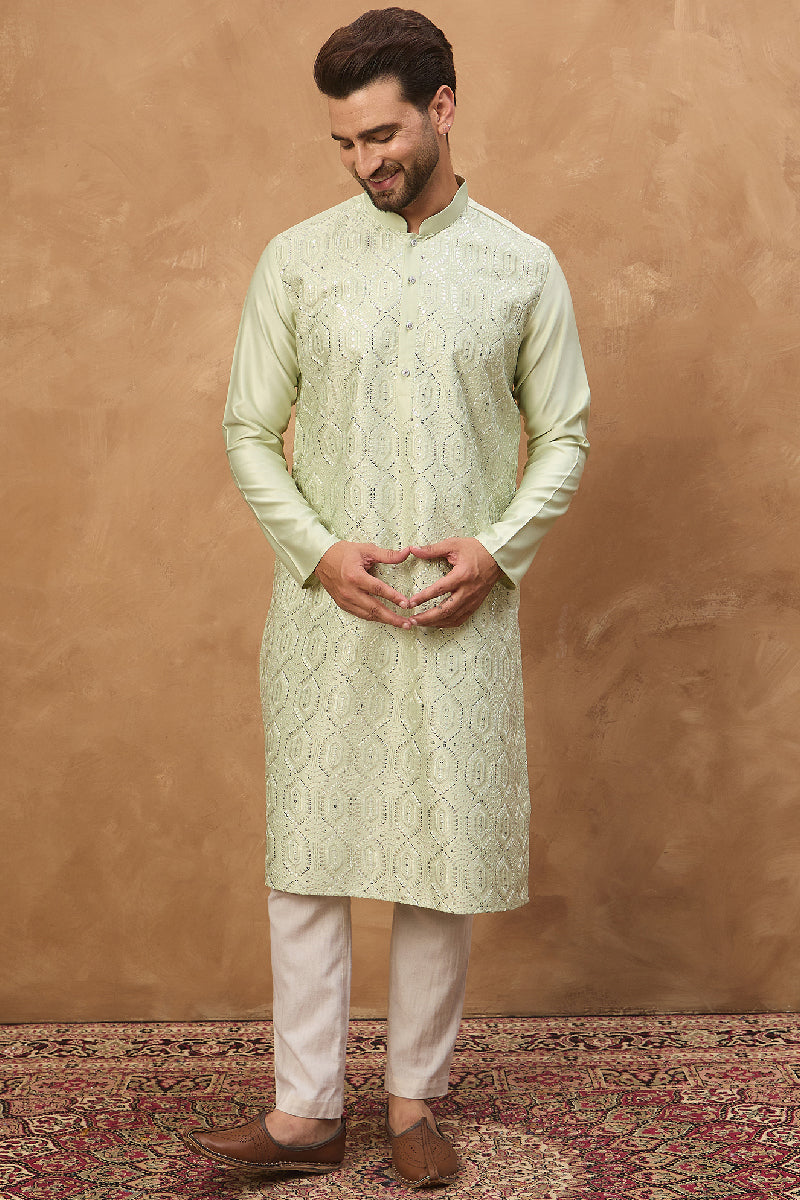 Peach Silk Blend Solid Embroidered Straight Kurta With Pant Set MKSET1445
