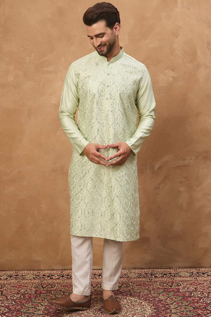 Peach Silk Blend Solid Embroidered Straight Kurta With Pant Set MKSET1445