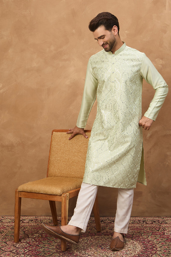 Peach Silk Blend Solid Embroidered Straight Kurta With Pant Set MKSET1445