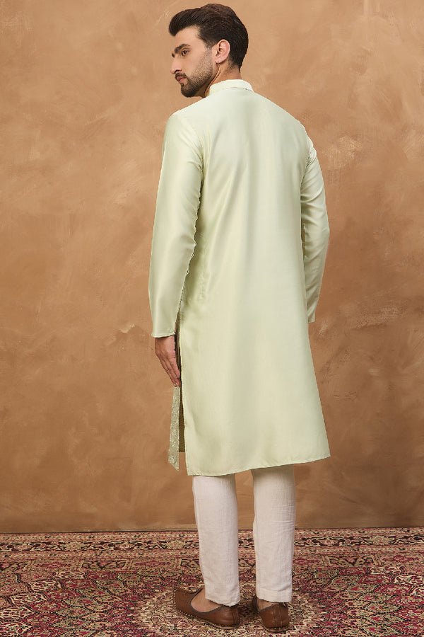 Peach Silk Blend Solid Embroidered Straight Kurta With Pant Set MKSET1445