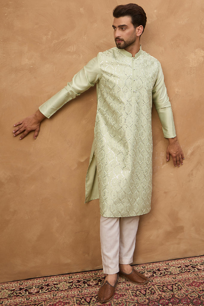 Peach Silk Blend Solid Embroidered Straight Kurta With Pant Set MKSET1445