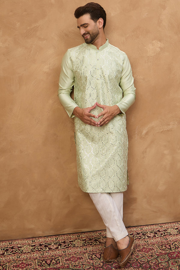 Peach Silk Blend Solid Embroidered Straight Kurta With Pant Set MKSET1445