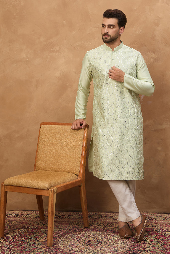Peach Silk Blend Solid Embroidered Straight Kurta With Pant Set MKSET1445