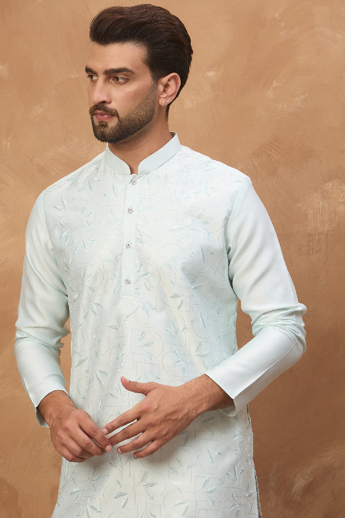 Blue Silk Blend Solid Embroidered Straight Kurta With Pant Set MKSET1446