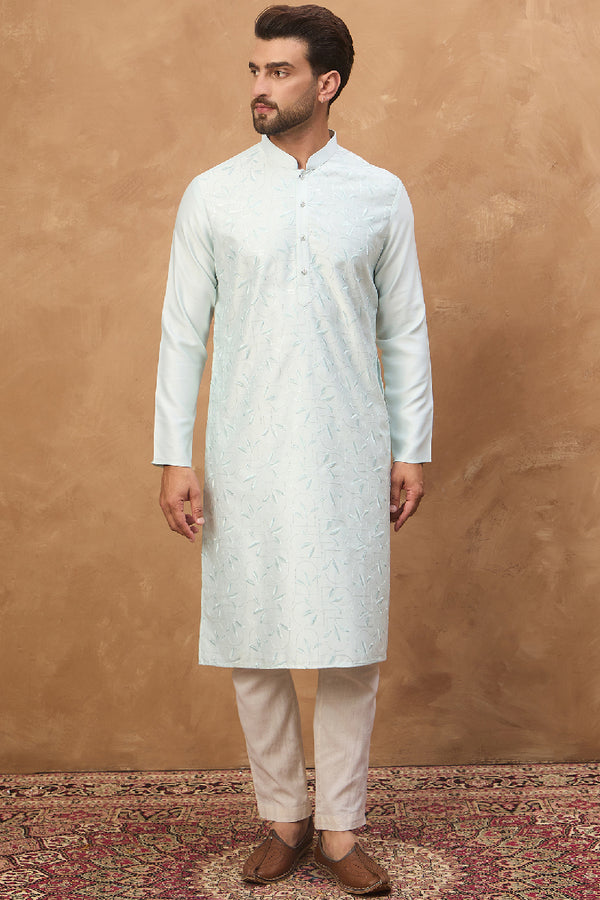 Blue Silk Blend Solid Embroidered Straight Kurta With Pant Set MKSET1446
