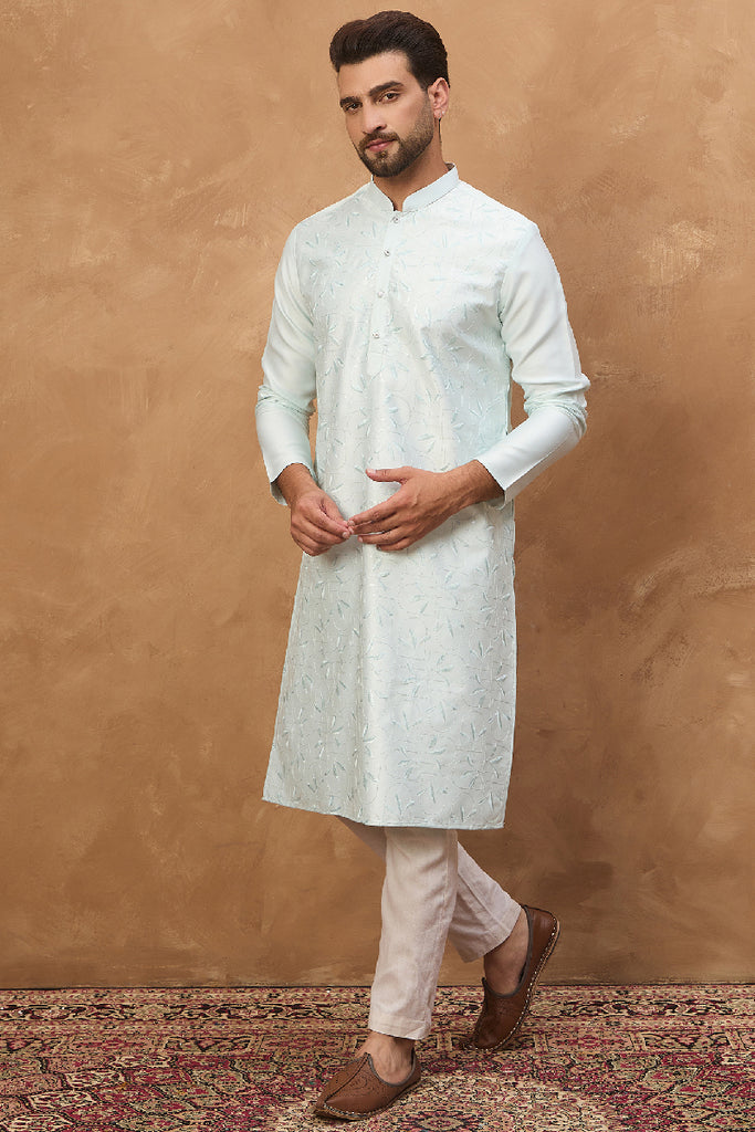 Blue Silk Blend Solid Embroidered Straight Kurta With Pant Set MKSET1446