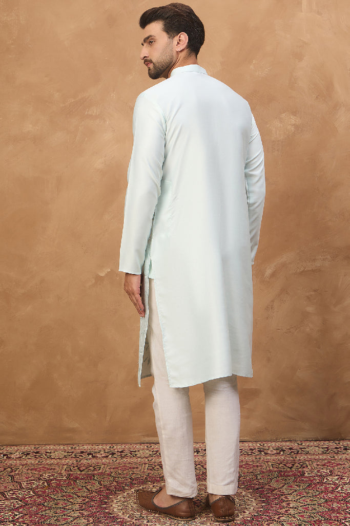 Blue Silk Blend Solid Embroidered Straight Kurta With Pant Set MKSET1446