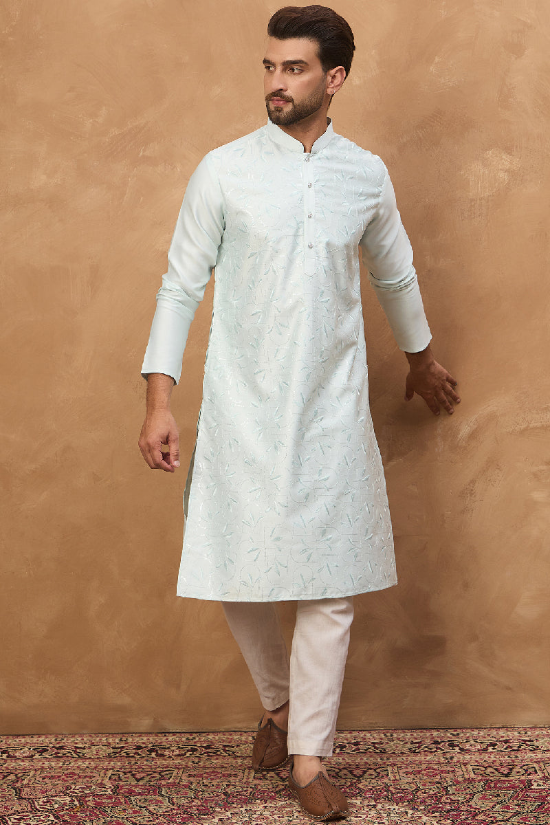 Blue Silk Blend Solid Embroidered Straight Kurta With Pant Set MKSET1446