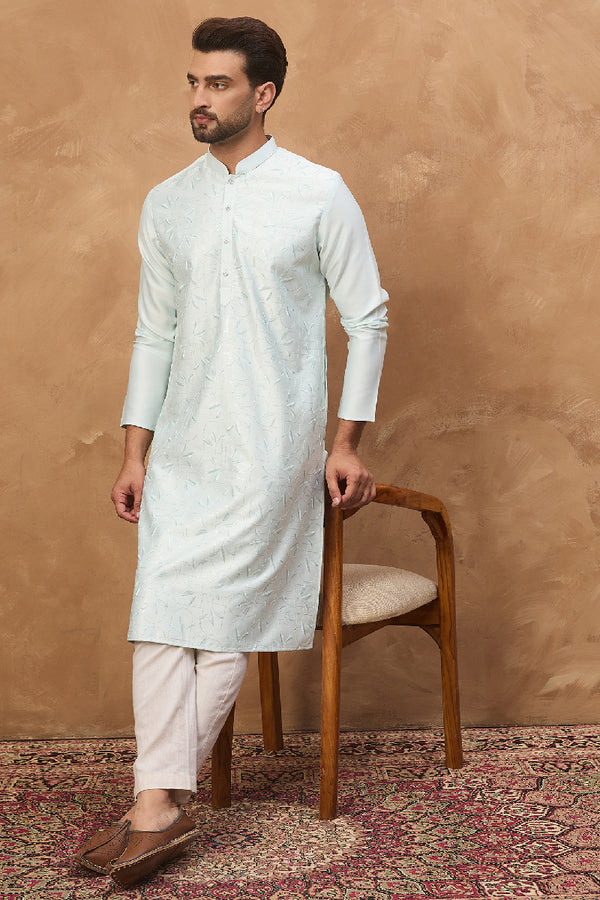 Blue Silk Blend Solid Embroidered Straight Kurta With Pant Set MKSET1446